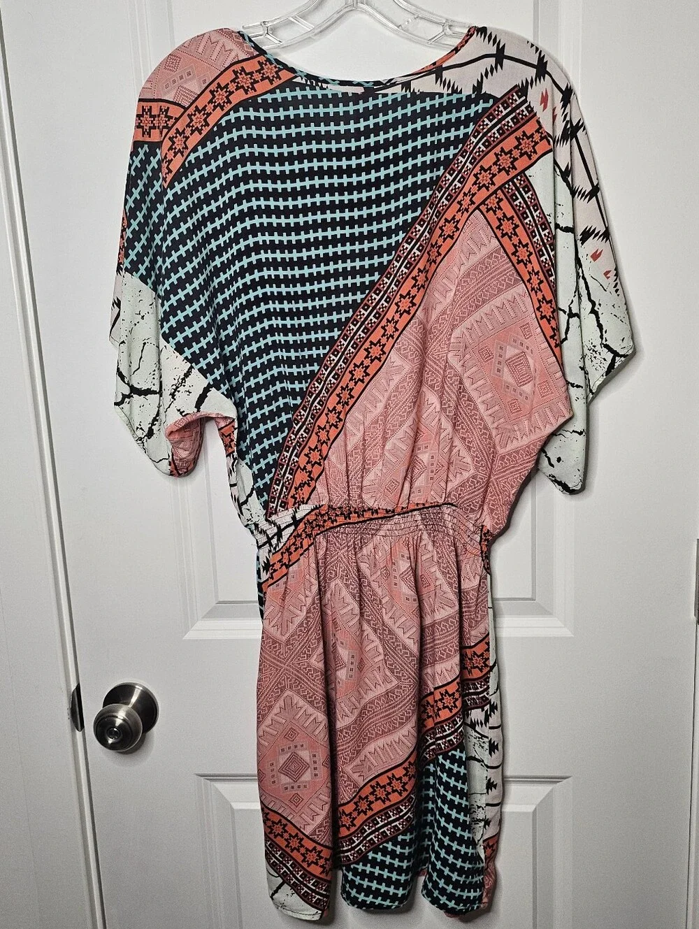 Eight Sixty Multi-Print Midi Dress in Coral, Teal, Cream - Picture 5 of 14